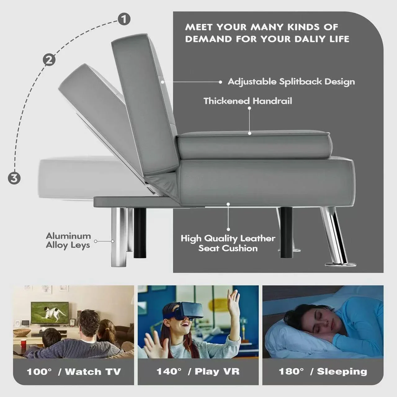 Homall Futon Sofa Bed Leather Futon Couch with Armrests Adjustable Recliner Sleeper Sofa Bed