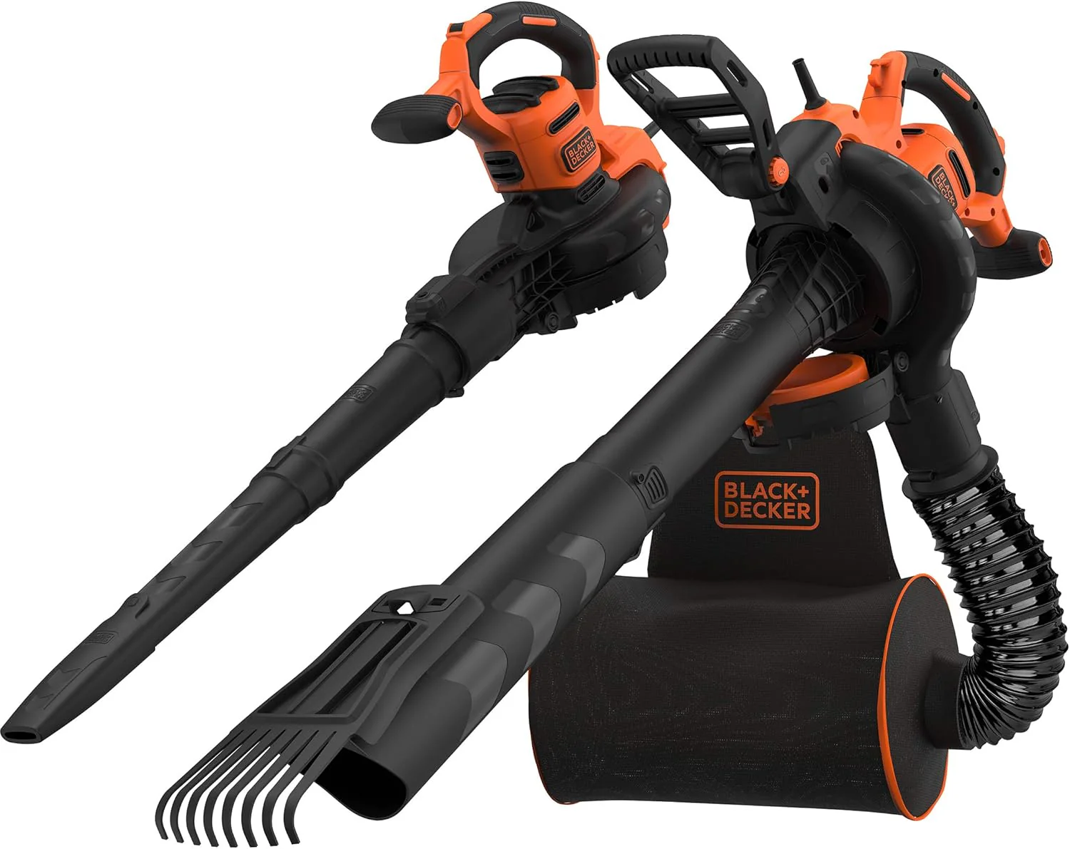 Black+Decker 3-in-1 elektrische bladzuiger/-blazer BEBLV301 (3.000 watt, met hakselfunctie + opzetbare bladhark, 72l opvangzak-rugzak - hoge blaassnelheid & instelbare zuigkracht)