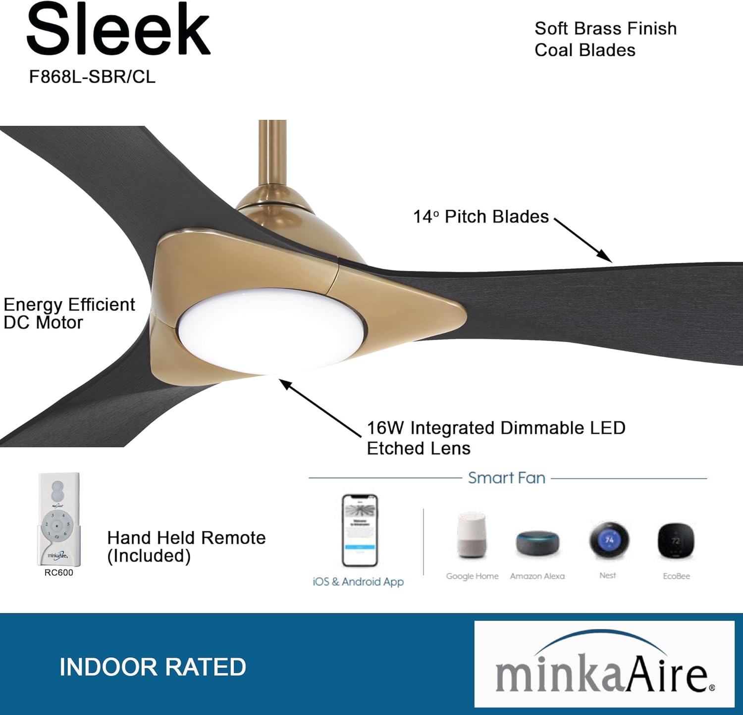 Minka-Aire Sleek 60′′ Ceiling Fan, Soft Brass/White, LED, Smart Remote/App Control, Energy Star Certified