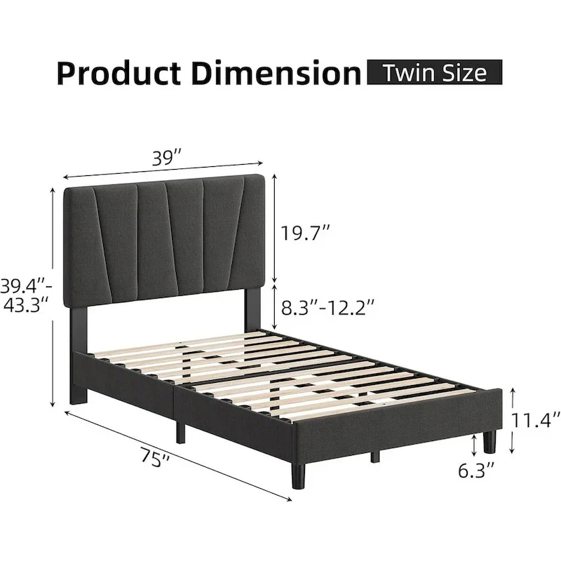 Sturdy Wooden Slat Linen Upholstered Platform Bed Frame