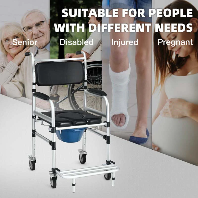 2-in-1 Foldable Shower Commode Wheelchair, Aluminum Alloy Transport Chair Toilet Bedside Wheelchair with Commode