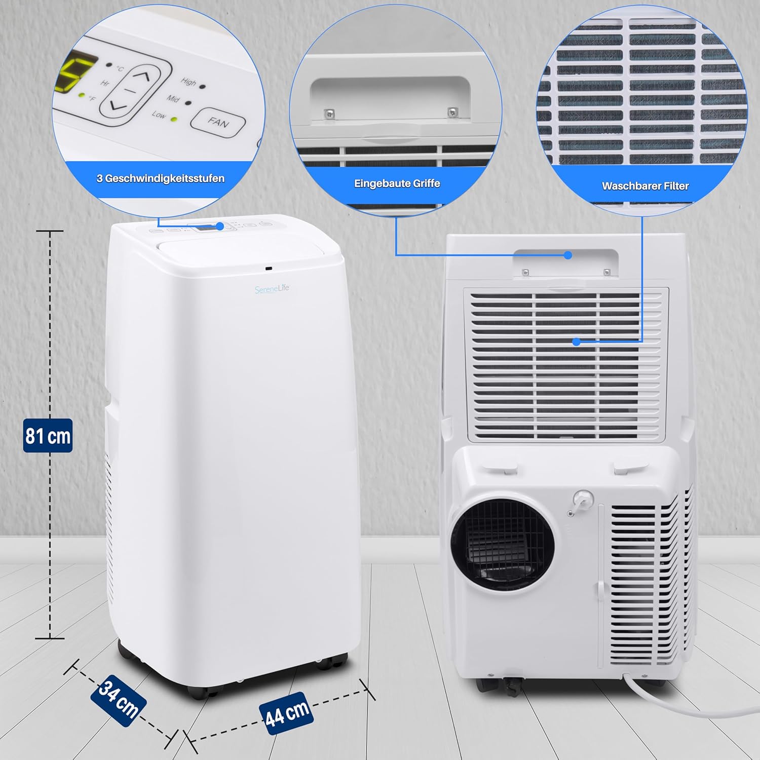 SereneLife Klimaanlage mobil, 3-in-1 mobiles Klimagert mit Abluftschlauch - Luftkühler, Luftentfeuchter & Ventilator, air conditioner 9.000 BTU, 1,5 L Feuchtigkeit/Stunde, kühlt Rume bis 42 m