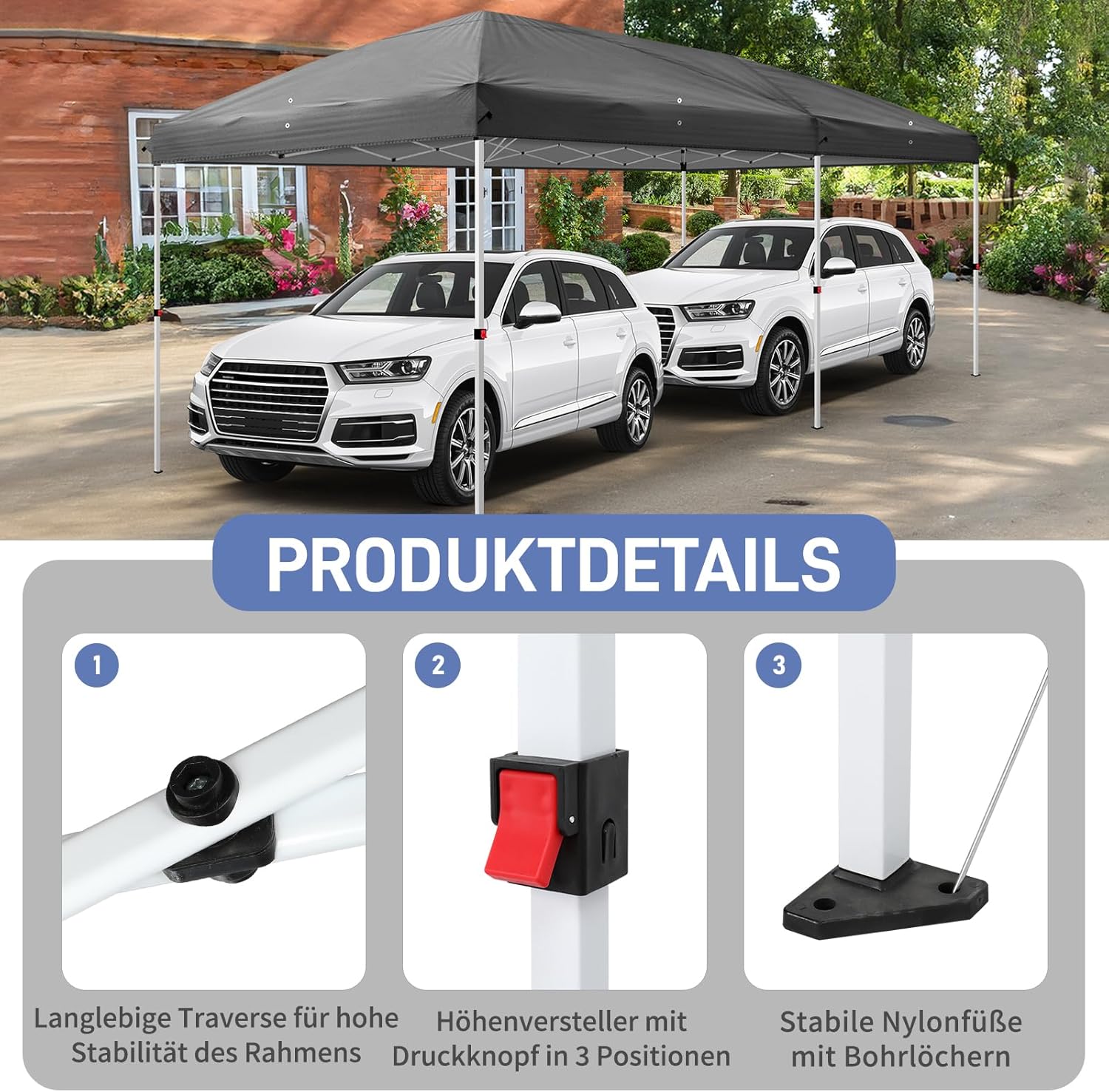 LEADZM Cenador plegable de 3 x 6 m, impermeable, protección UV 50+, altura regulable con 6 mosquiteras, estable, ideal para jardín, terraza, camping y uso comercial, antracita
