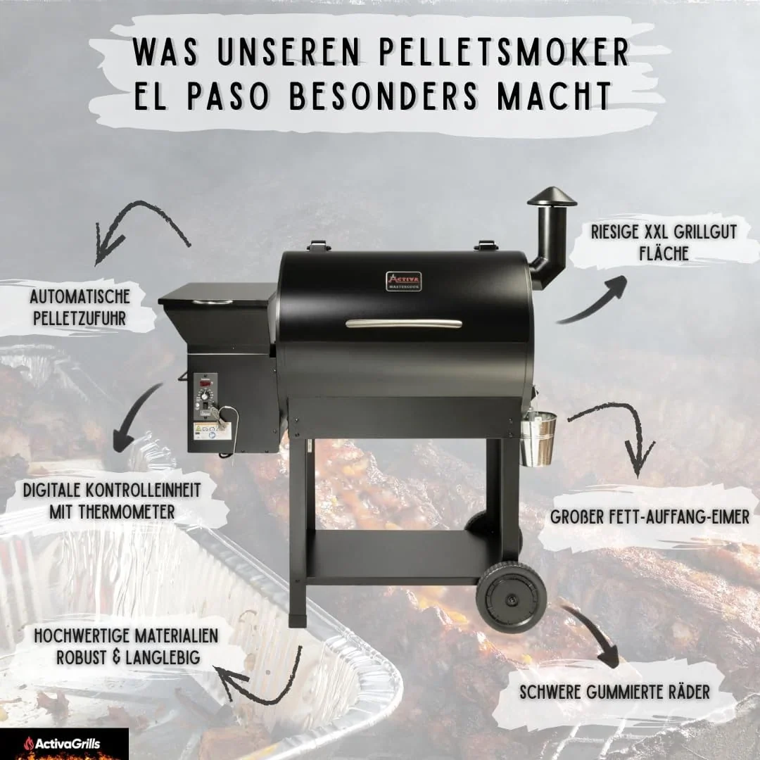 Ahumador de pellets ACTIVA El Paso I Ahumador con alimentación automática de pellets y termómetro I Parrilla de acero inoxidable para barbacoa y ahumado