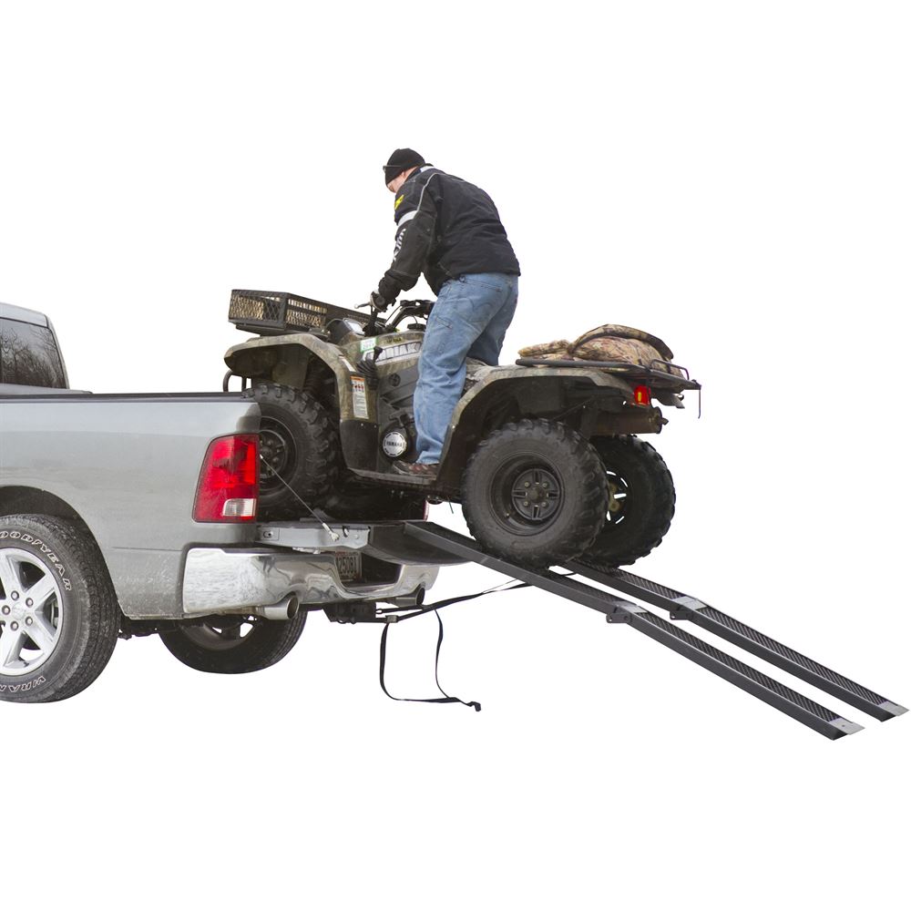 Black Steel Dual Runner Folding ATV Ramps, 90in, 1,500 lbs Capacity, Heavy-Duty with Mesh Surface, Includes Safety Straps