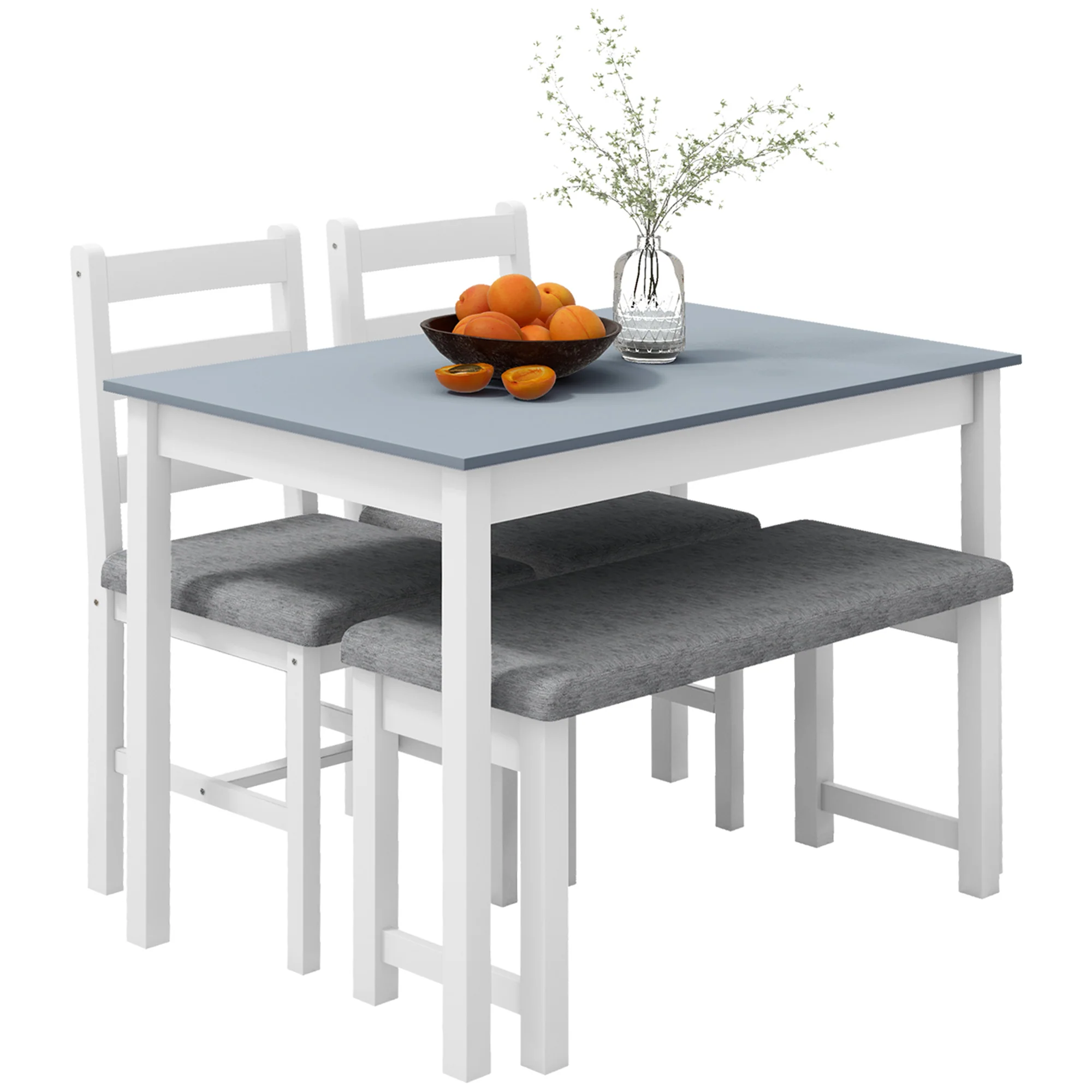 HOMCOM 4-delige eetset, 1 tafel, 1 bank, 2 stoelen, grijs+wit