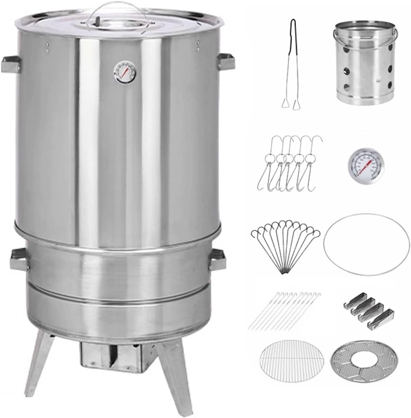Ahumador Barril Asador De Carne Material De Acero Inoxidable Asador De 360° Incluye Termómetro Y Recipiente para Cenizas 50 Cm De Diámetro Parrillero
