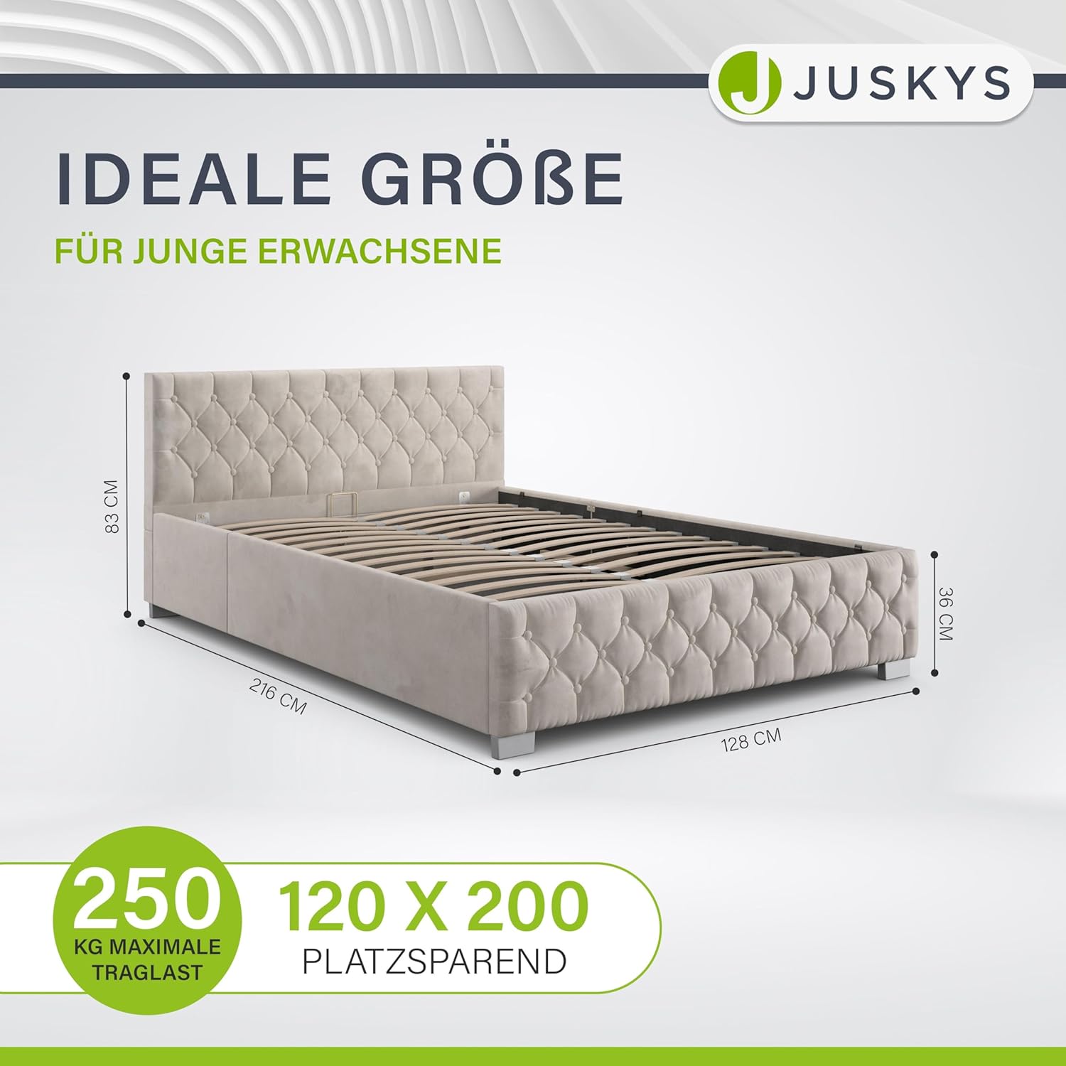 Juskys Polsterbett Nizza 120x200 cm mit Matratze, Bettgestell mit Lattenrost, Stauraum & LED Beleuchtung, Samtbezug, Chesterfield-Steppung, Beige
