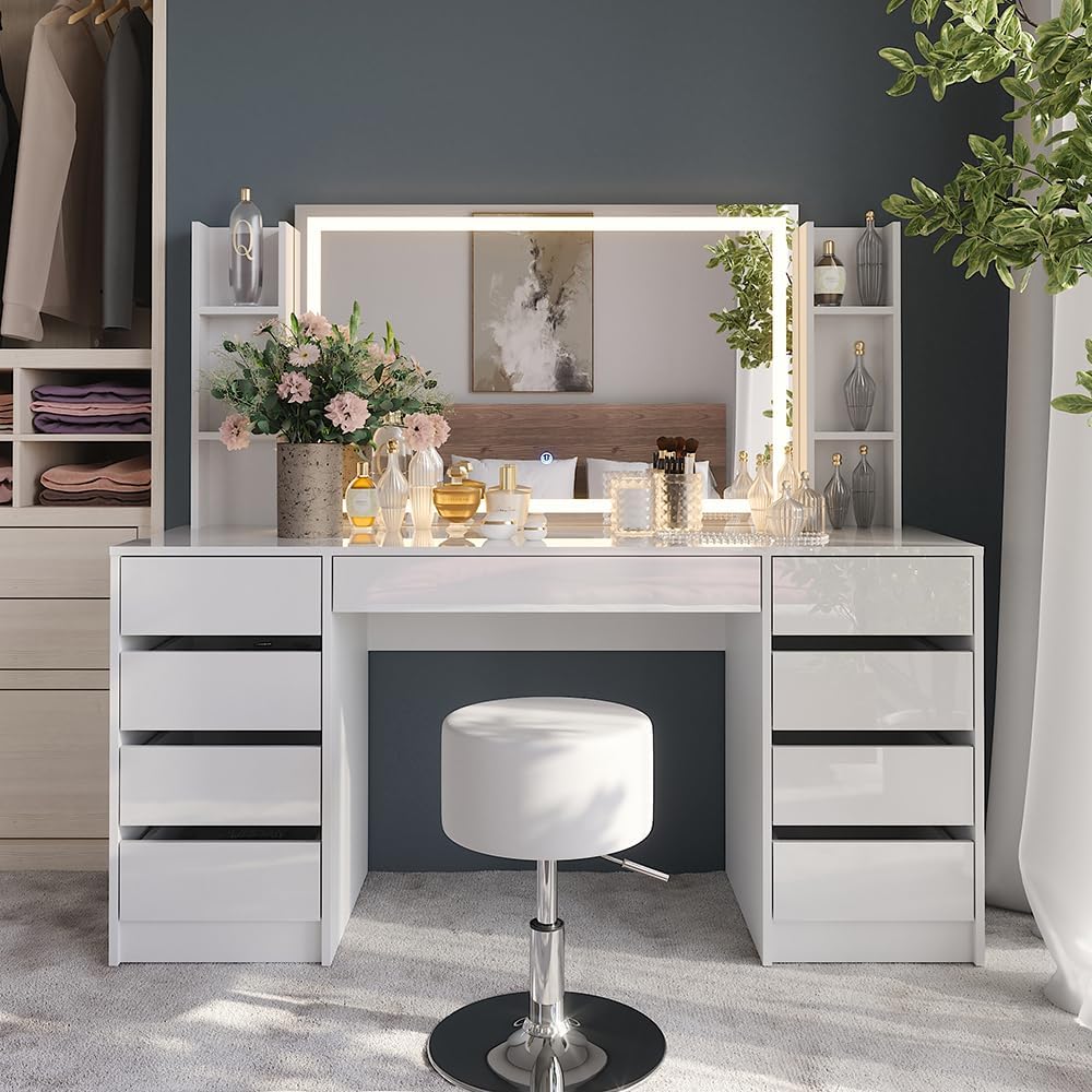 Vicco Schminktisch Sherry, Weiß/Weiß Hochglanz, 158.2 cm 5 Teile, mit LED-Beleuchtung und gepolsterter Sitzbank