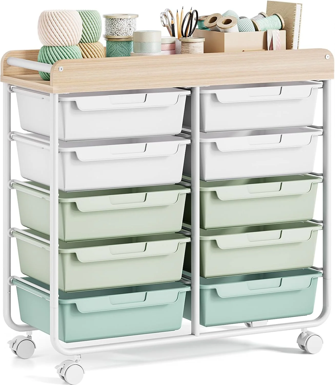 Rolling Storage Cart with 10 Large Drawers, Utility Cart with Wooden TableTop for Craft Organizers, Art Supply Storage, Home Office Organization, Cart with Wheels for Classroom, School, Green