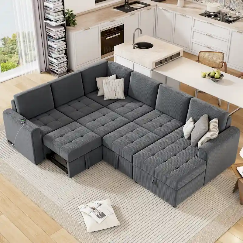 U Shaped Sectional Sofa with Pull Out Bed Storage and USB Ports