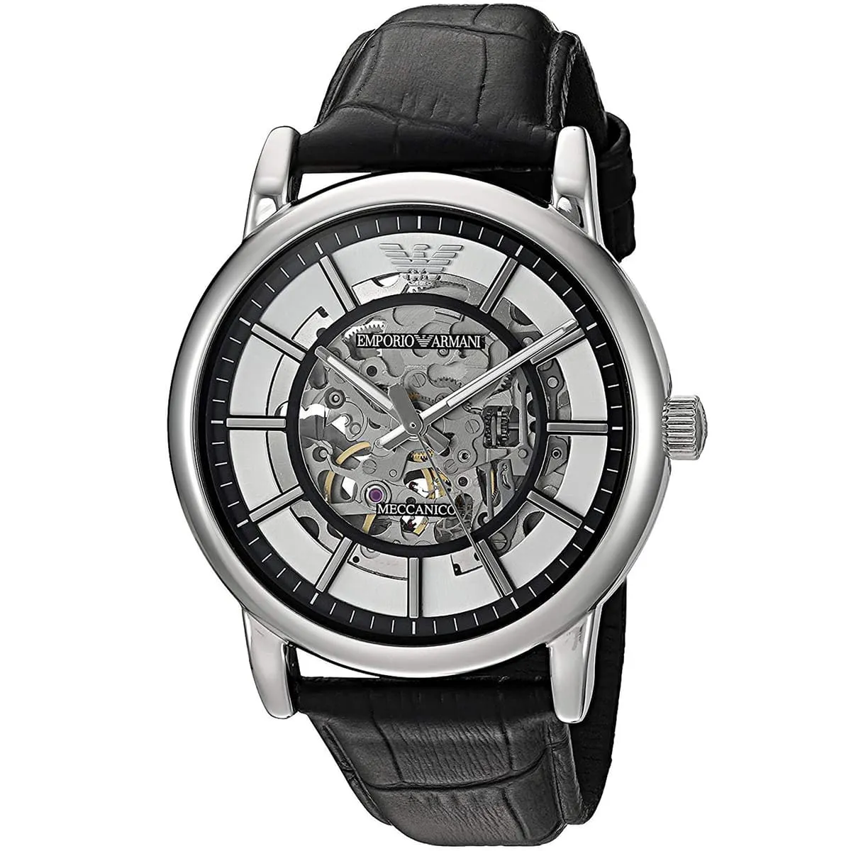 Emporio Armani Luigi Skeleton Automatic Black Genuine Leather Men's Watch - AR1981