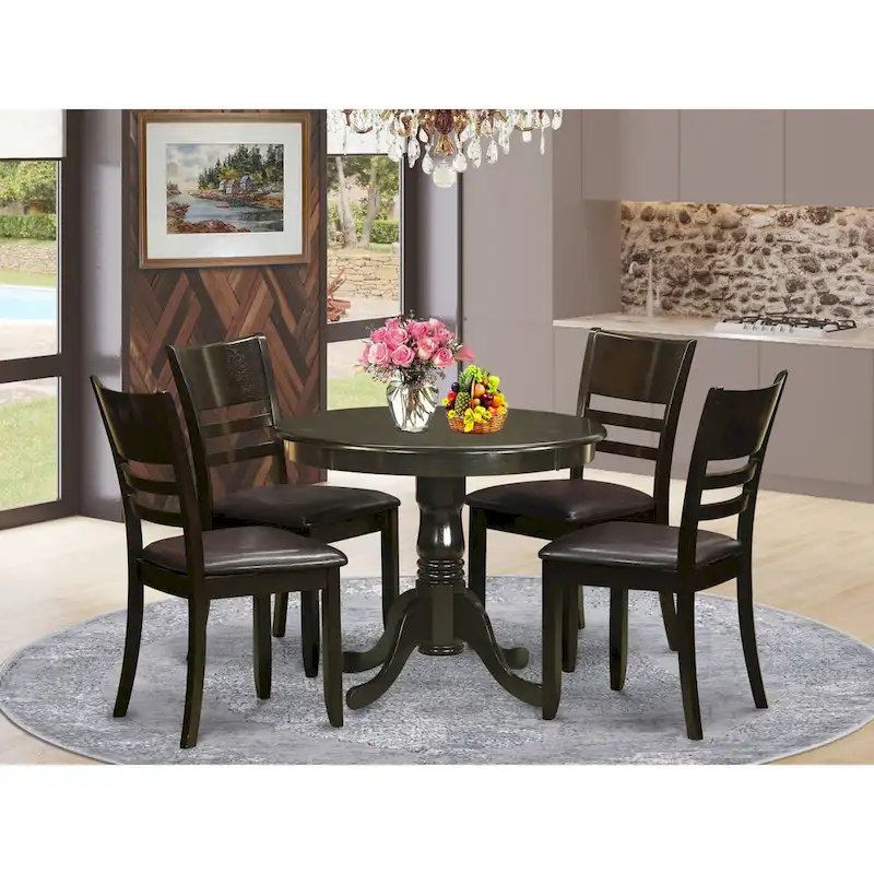 East West Furniture 5-Piece Round Dining Set - Cappuccino Kitchen Table with 4 Chairs (Seat Options Available)