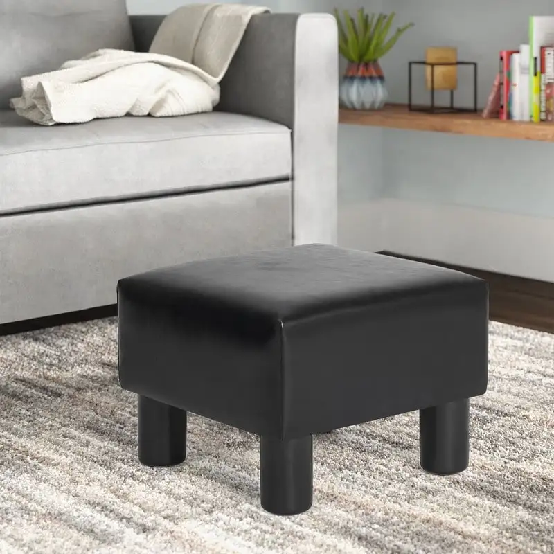 Square Footrest Stool with Upholstered Seat and Wooden Legs