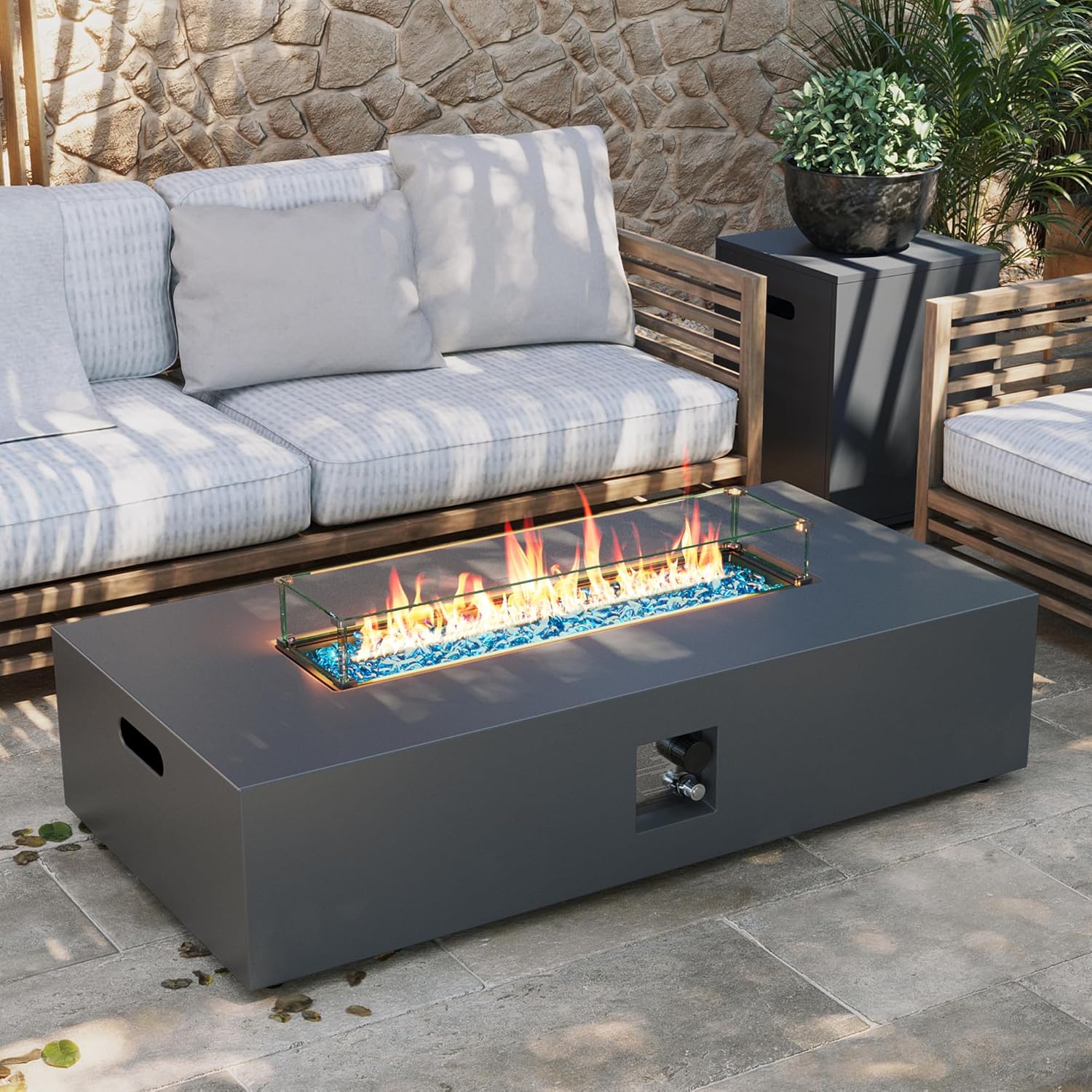 UPHA 56-inch Outdoor Propane Gas Fire Pit Table 50000 BTU Iron Rectangle Firepit for Outside Patio with Tank Hidden Table, Wind Guard, Removable Lid, Blue Glass Rocks, Rain Cover, Grey