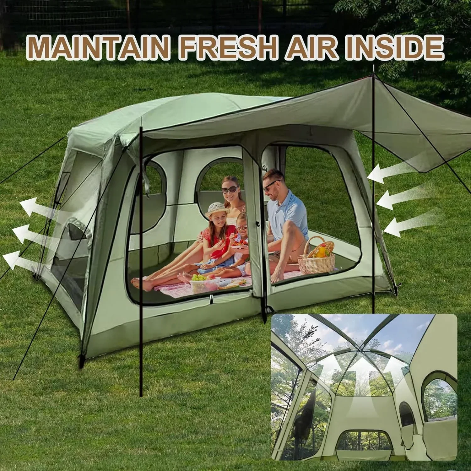 4-6 Person Camping Tent Waterproof, Ventilated Cabin Tents for Camping with Double Door