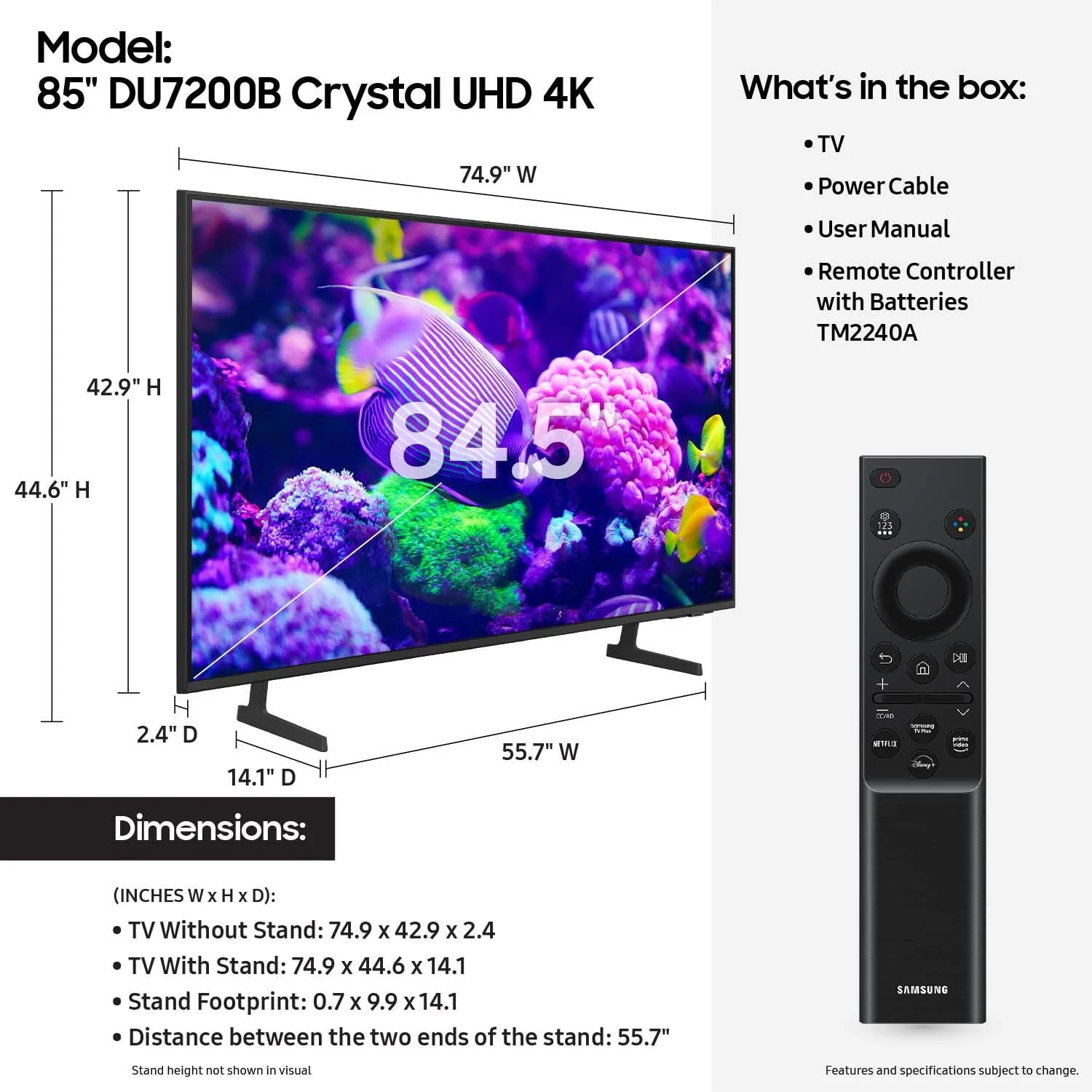 85 Crystal UHD 4K Smart TV with PurColor & HDR 2024 Model