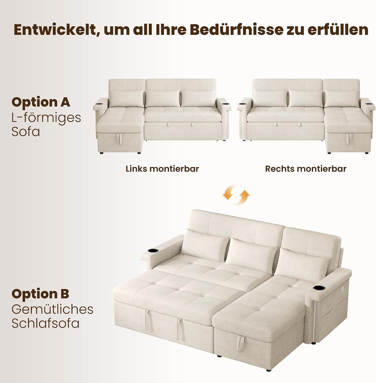 ladez Sofá Cama esquinero en Forma de L con función de Dormir con LED y Conexiones USB, Respaldo Ajustable, sofá esquinero de 3 plazas con Espacio de Almacenamiento, Chaise Longue para salón