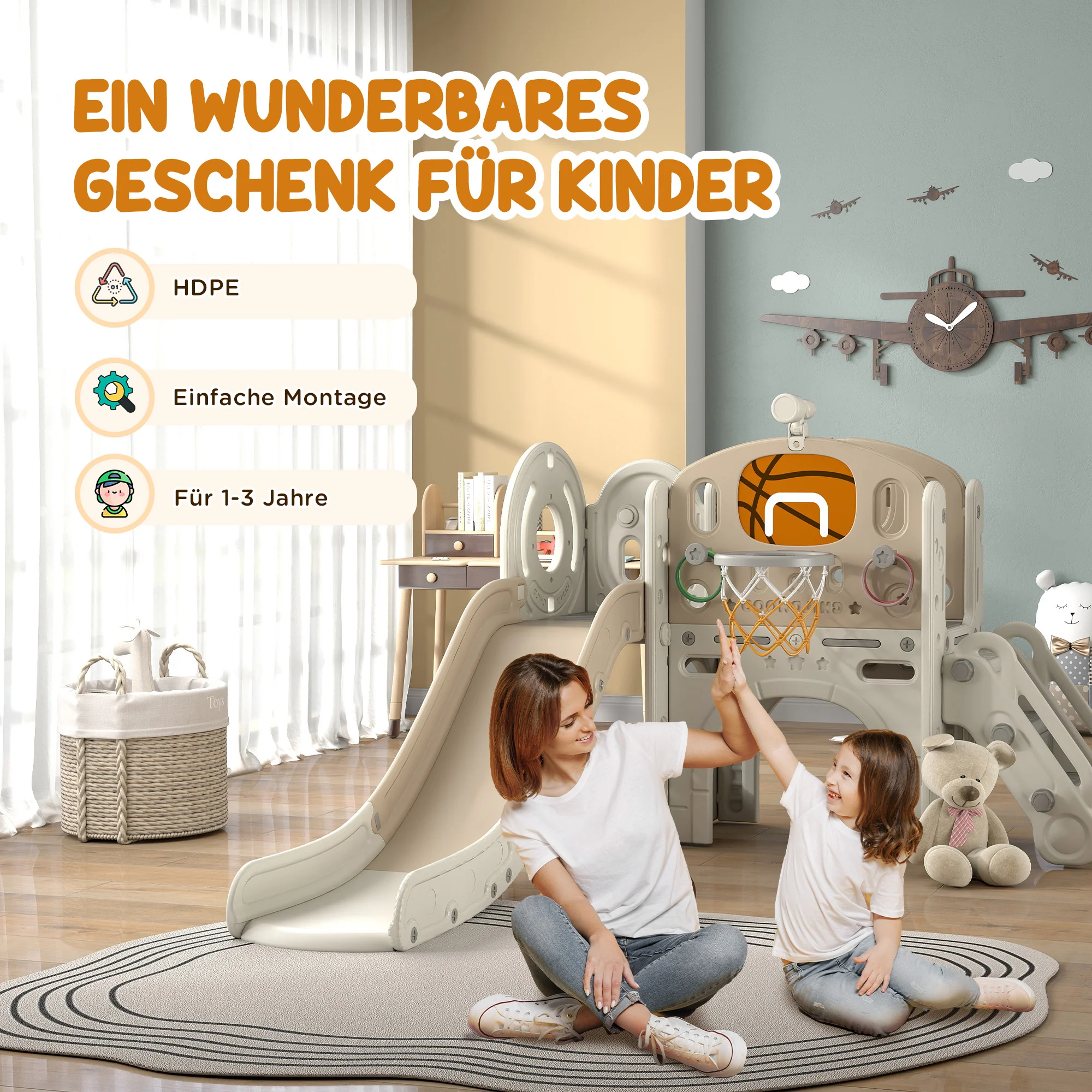 AIYAPLAY Kinder Speeltoestel, 7-in-1 Glijbaan, Binnenspeeltuin met Opslag en Kruipruimte, 186x153x111 cm, Crèmewit