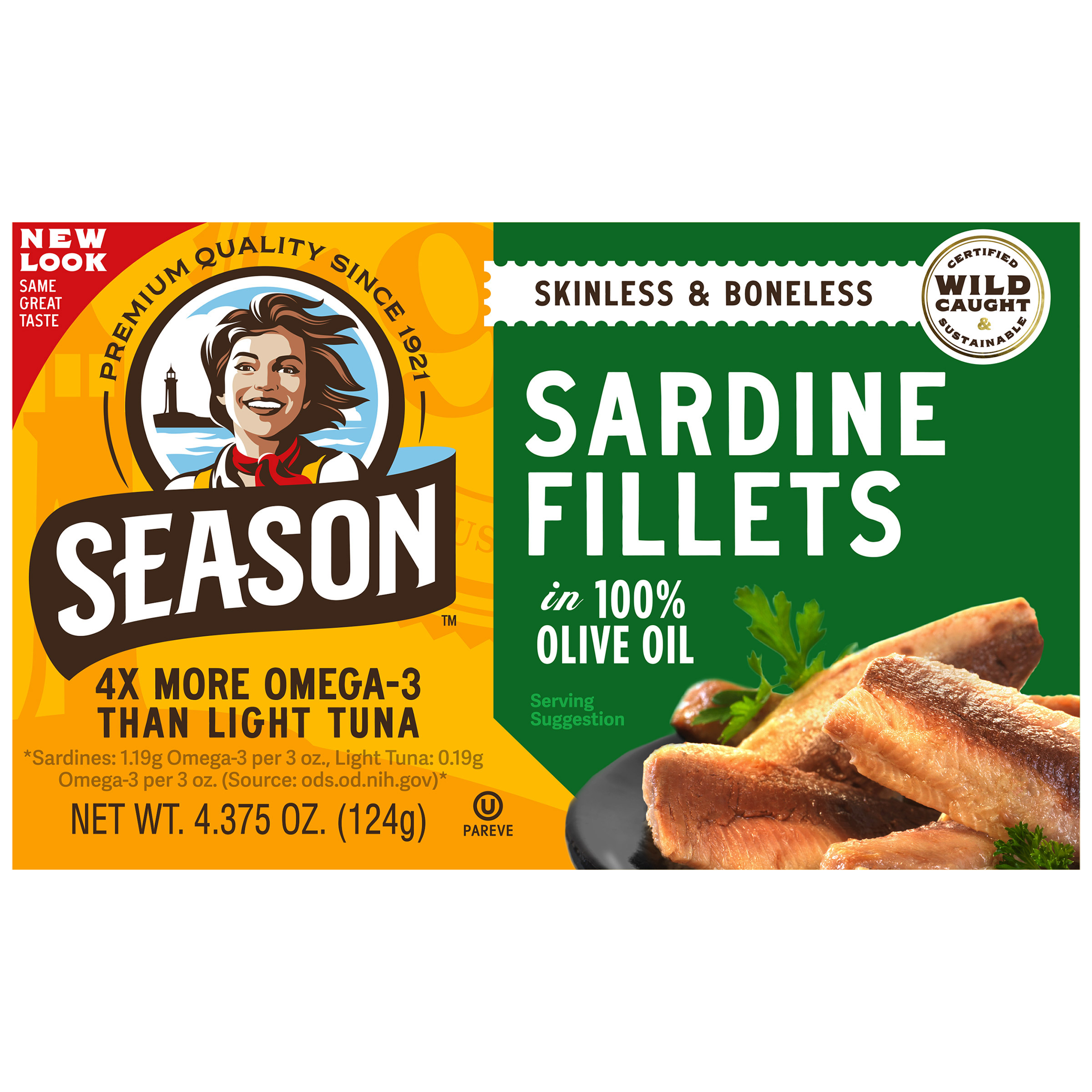 Season Sardine Fillets In 100% Olive Oil, Wild Caught, Skinless & Boneless, 4.375 oz, 6-Count