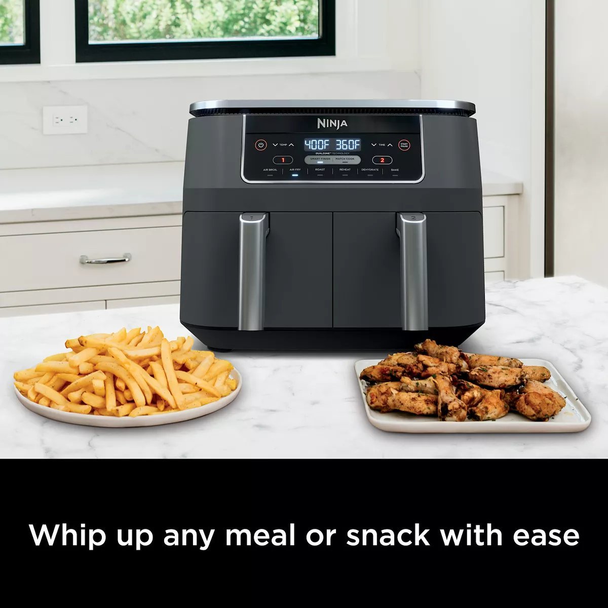 2 INDEPENDENT BASKETS: The original Air Fryer with 2 independent baskets, the XL air fryer lets you cook 2 foods, 2 ways, at the same time, eliminating back-to-back cooking like a traditional single-basket air fryer. SMART FINISH & MATCH COOK: DualZo