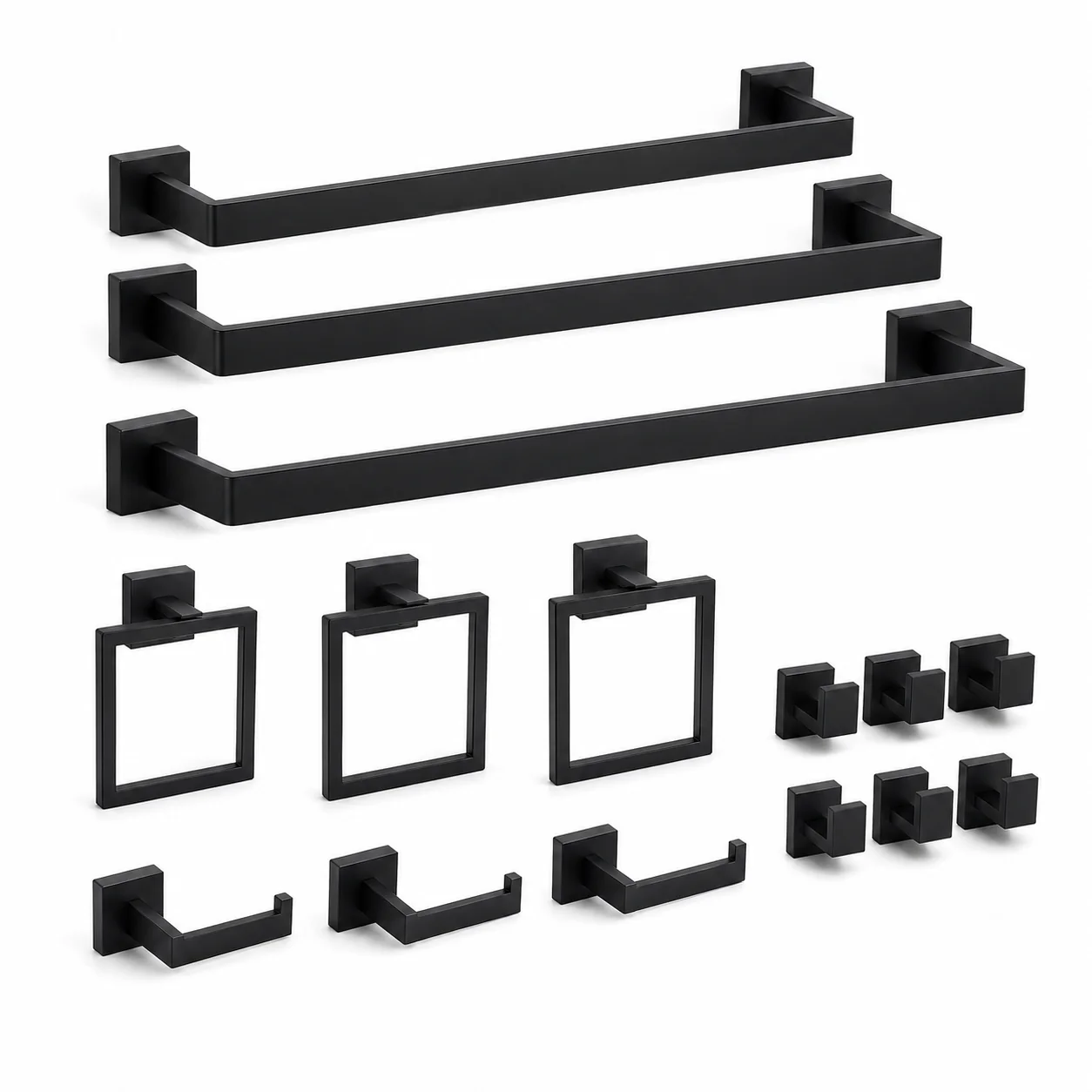 15-Piece Matte Black Bathroom Hardware Set, 23.6-Inch Towel Bar Kit, SUS304 Stainless Steel