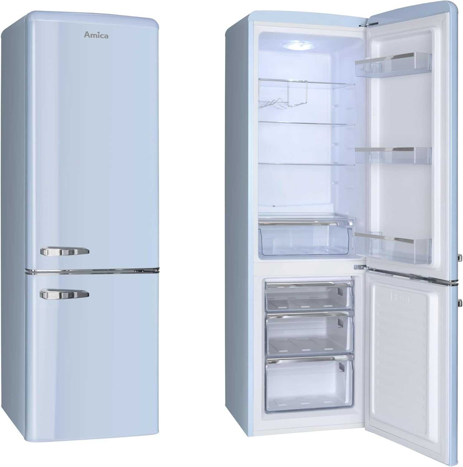 Amica KGCR 387 100 L Retro Kühl-/Gefrierkombination / Baby Blue (Hellblau) / 181cm (H) x 55cm (B) x 62cm (T) / Retro-Design / Kühlschrank mit Gefrierfach