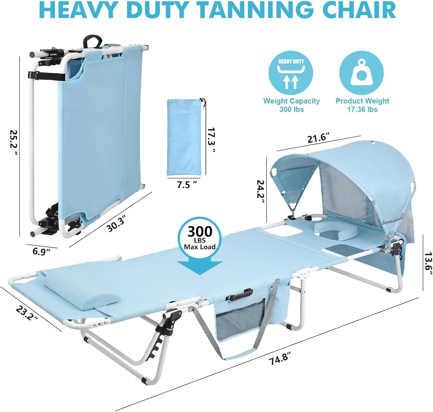 Tanning Chair with Sun Canopy Face Hole, Heavy Duty Folding Chaise Lounge Chair 5 Position Reclining for Adults Outside Reading Sunbathing Poolside Camping Beach, UPF 50+ Sun Shade, 300 LBS