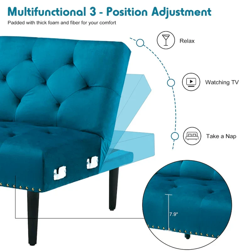 Convertible Velvet Sofa Couch, Sectional Sofa with Ottoman, Mid-Century Futon Sofa Bed - 32D x 100.7W x 29.9H