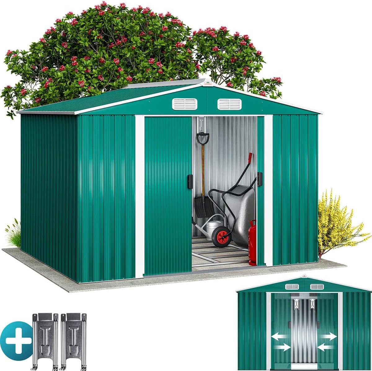 GARDEBRUK® XXL Metall Gerätehaus 5m² mit Fundament 260x205x180cm Schiebetür Grün Geräteschuppen Gartenhaus 9m³