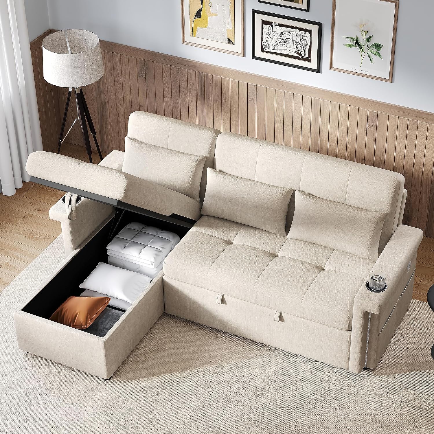 ladez Sofá Cama esquinero en Forma de L con función de Dormir con LED y Conexiones USB, Respaldo Ajustable, sofá esquinero de 3 plazas con Espacio de Almacenamiento, Chaise Longue para salón