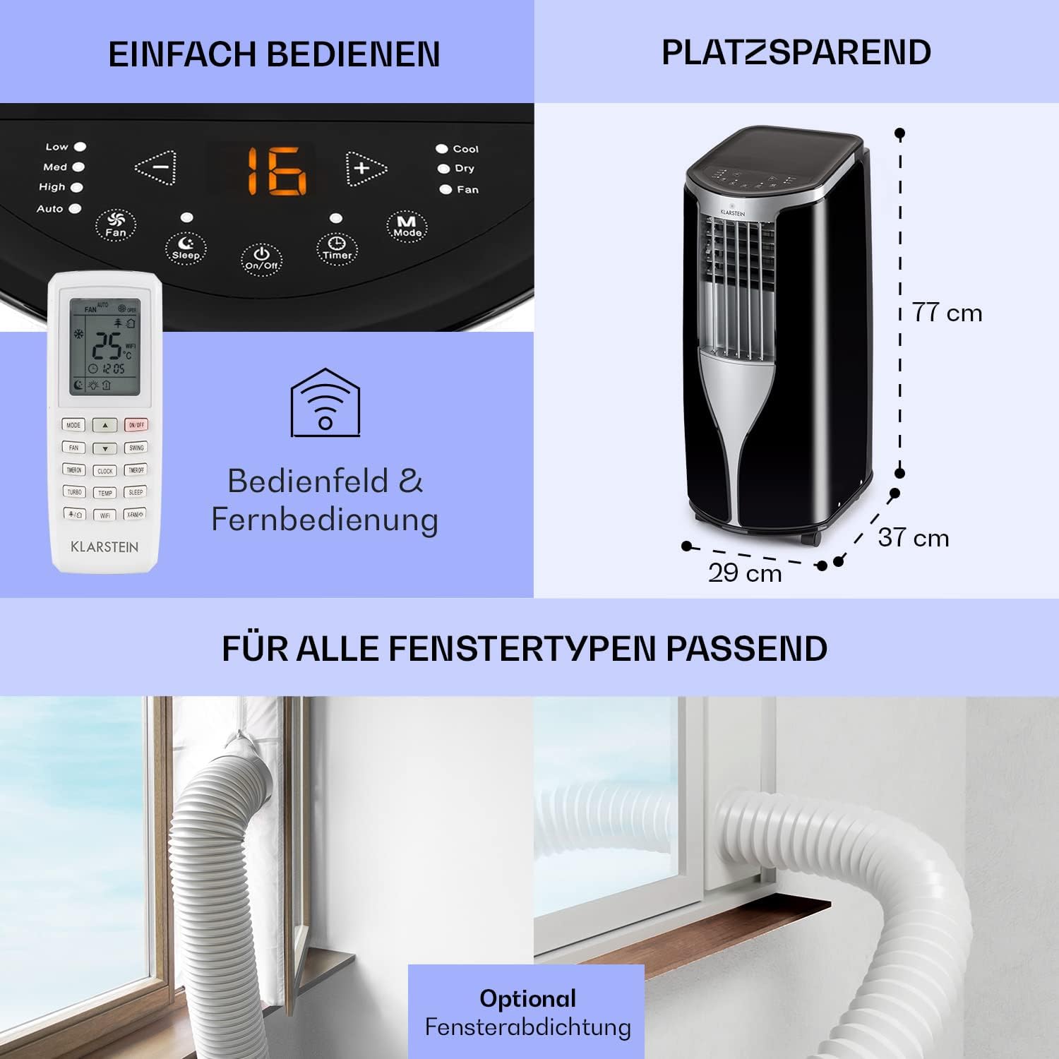 Klarstein Mobile Klimaanlage mit Abluftschlauch, 3-in-1 Klimagerät mit Ventilator & Luftentfeuchter, Kleine & Portable Klimaanlage für Wohnung & Büro,10000 BTU AC mit Niedrigem Verbrauch