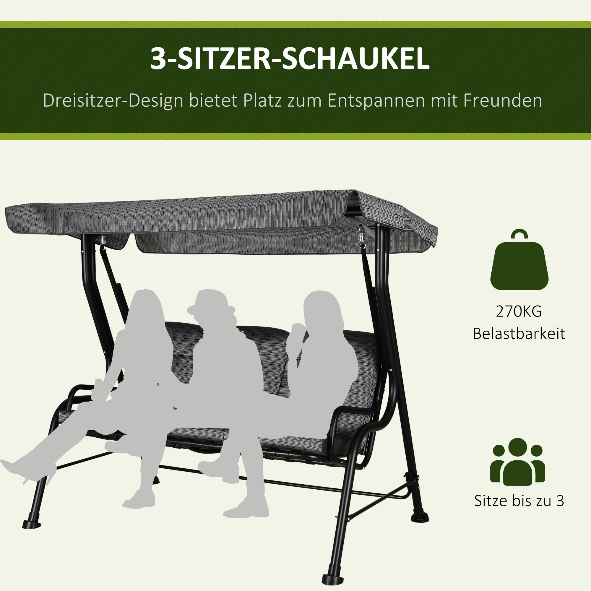 Outsunny Hollywoodschommel 3-zitten tuinschommel verstelbare zonnedak Textileen