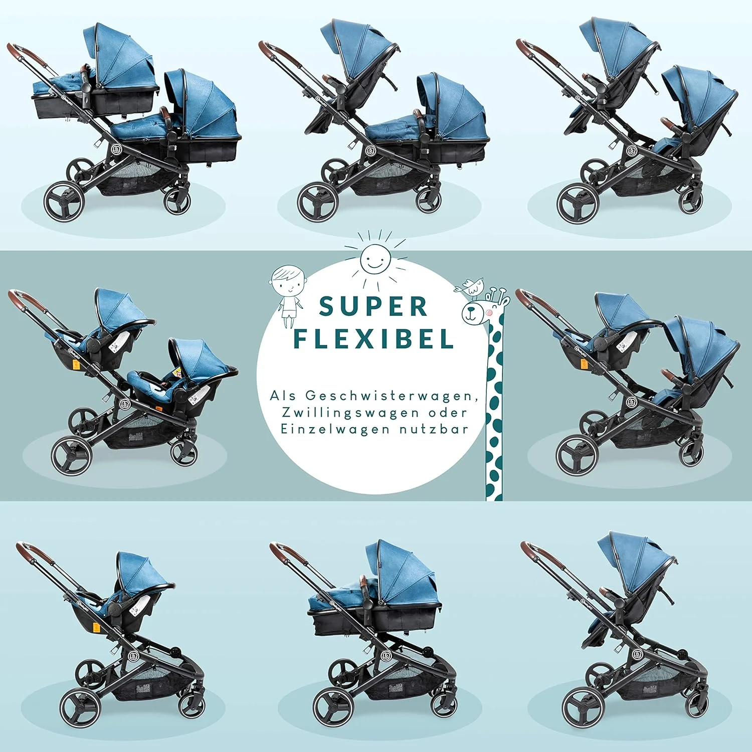 babyGO Kinderwagen 3-in-1 voor tweelingen - Duowandelwagen/tweelingwandelwagen voor baby's - Tweelingkinderwagen voor 2 kinderen met veel accessoires (blauw melange - zonder babyautostoel)