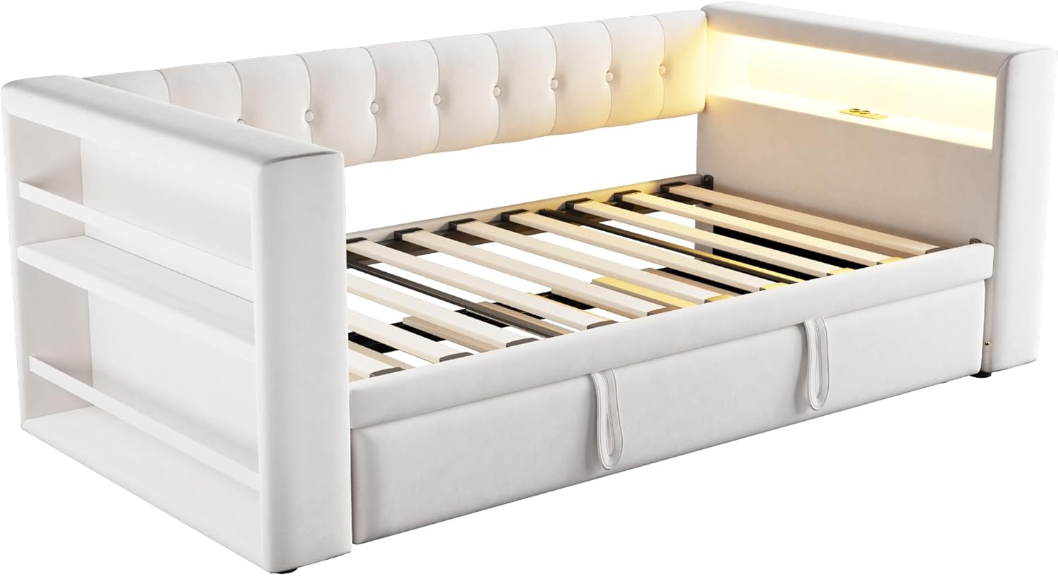 Cama tapizada 90/180 × 190 cm, con iluminación LED, enchufes y mucho espacio de almacenamiento; cama tapizada, cama individual, sofá cama multifuncional, color beige