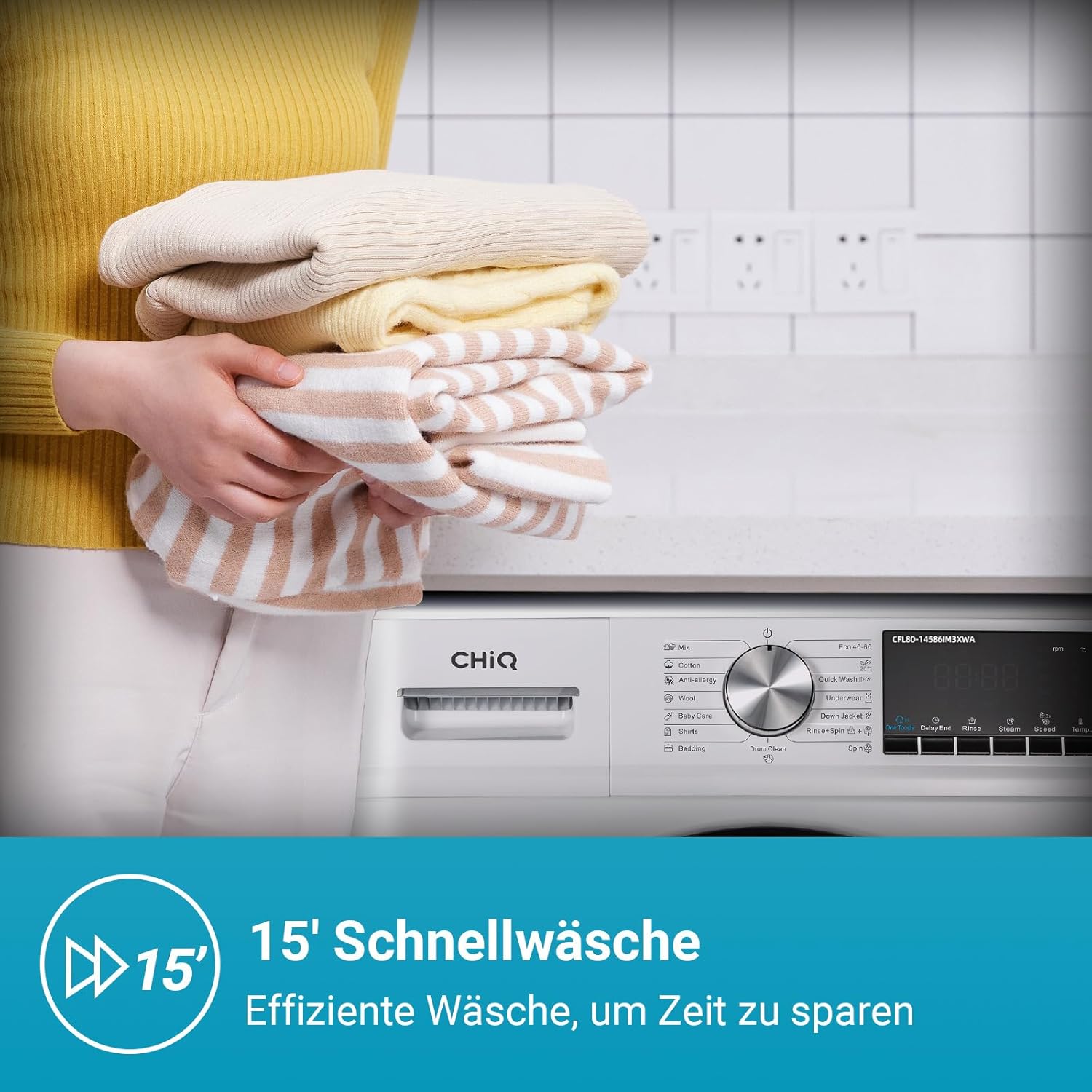 CHiQ Waschmaschine 7kg, 15 Programme, InverterMotor, Eco-Logic, Speed Wash, 60x46,5x84cm, Auto Clean, Washer Grau, CW07123863AX