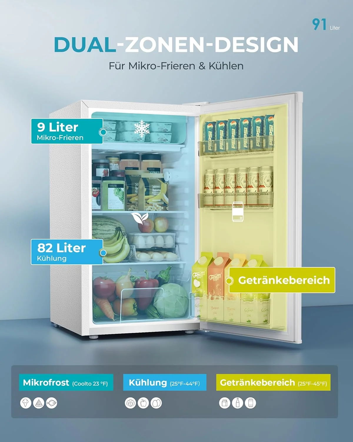 EUHOMY Mininevera de 91 L con congelador y cajón para verduras (82 L + 9 L) | Silenciosa (38 dB) para dormitorio u oficina | Termostato de 7 niveles, eficiencia energética | 44,5 x 50 x 79 cm, color blanco 2026