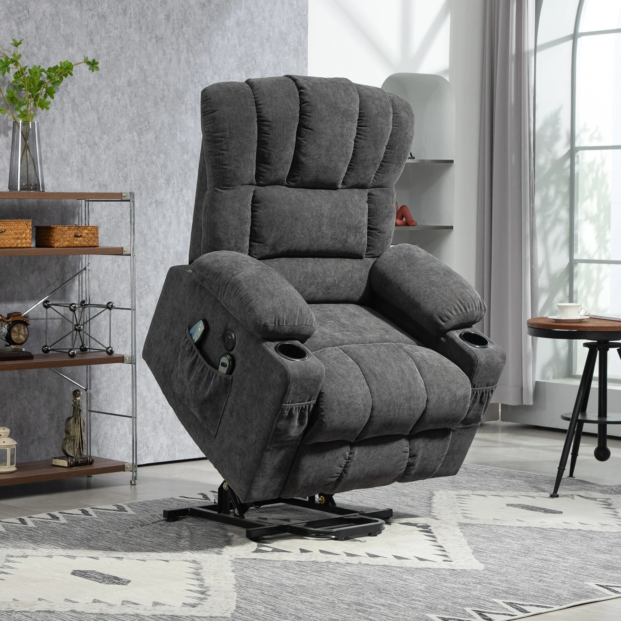 HOMCOM Elektrische Power Lift Sta-op-Stoel met Massage- en Verwarmingsfunctie, USB-Aansluitingen, Bekerhouders, Donkergrijs