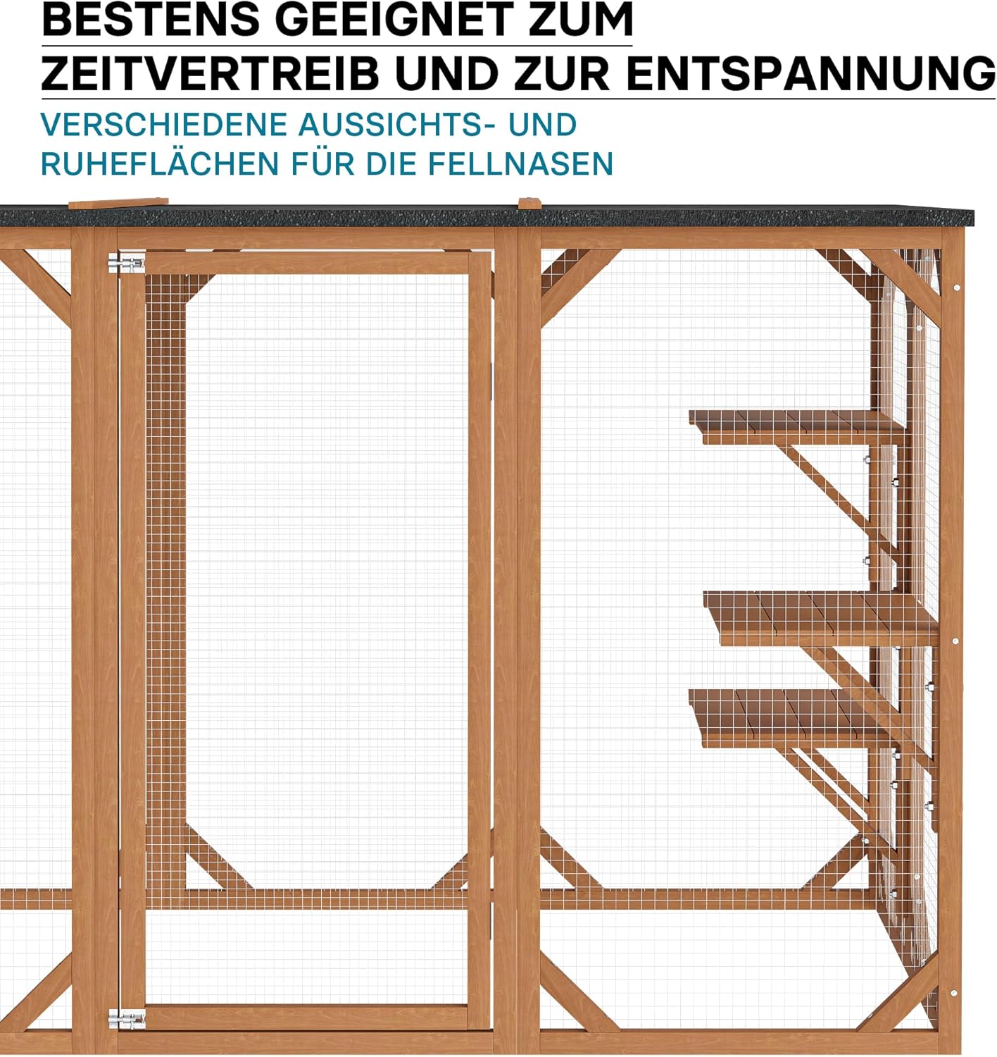Wiltec Freilaufgehege Katzen 168 x 82 x 166,5 cm mit 6 Liegeflächen, wetterfestes Katzengehege Garten, Katzenhaus mit Drahtgitter und Bitumen Dach