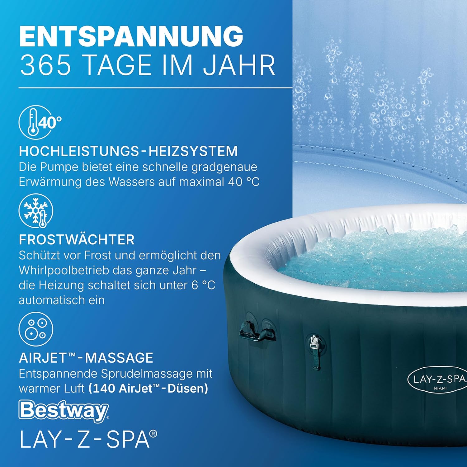 Bestway® Lay-Z-SPA® Energiespar-Whirlpool Miami AirJet™ für 6 Personen Ø 196 x 66 cm, Dunkelgrün