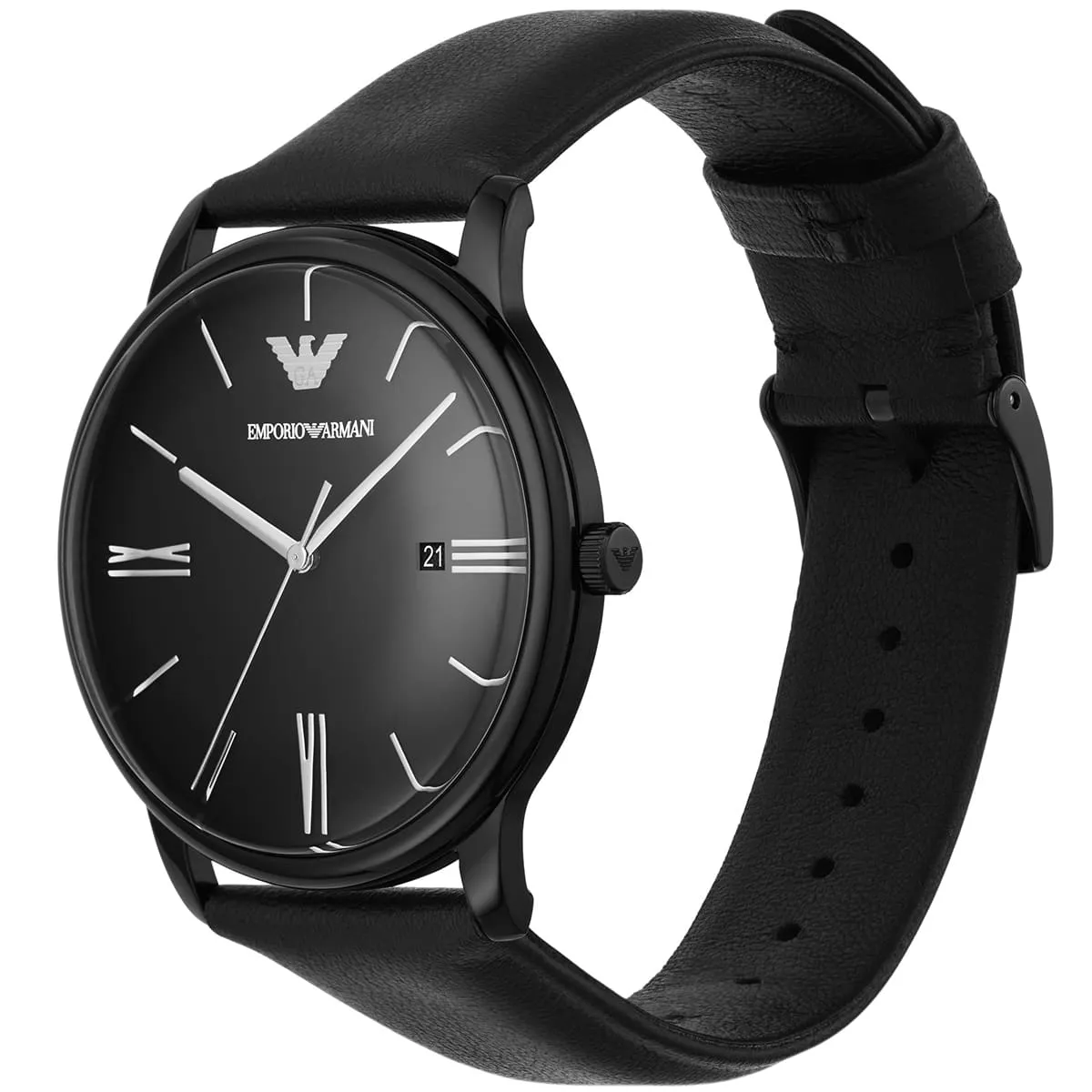 Emporio Armani Minimalist Three-Hand Date Black Genuine Leather Men's Watch - AR11573