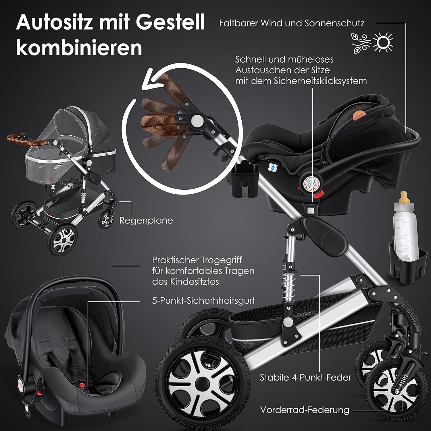 KESSER® Loops 3 in 1 Kinderwagen Kombikinderwagen Komplett-Set inkl. Babywanne & Buggy Sportsitz & Auto-Babyschale Voll-Gummireifen Wickeltasche Regenschutz Kindertisch ECE R129, Grau/Silber