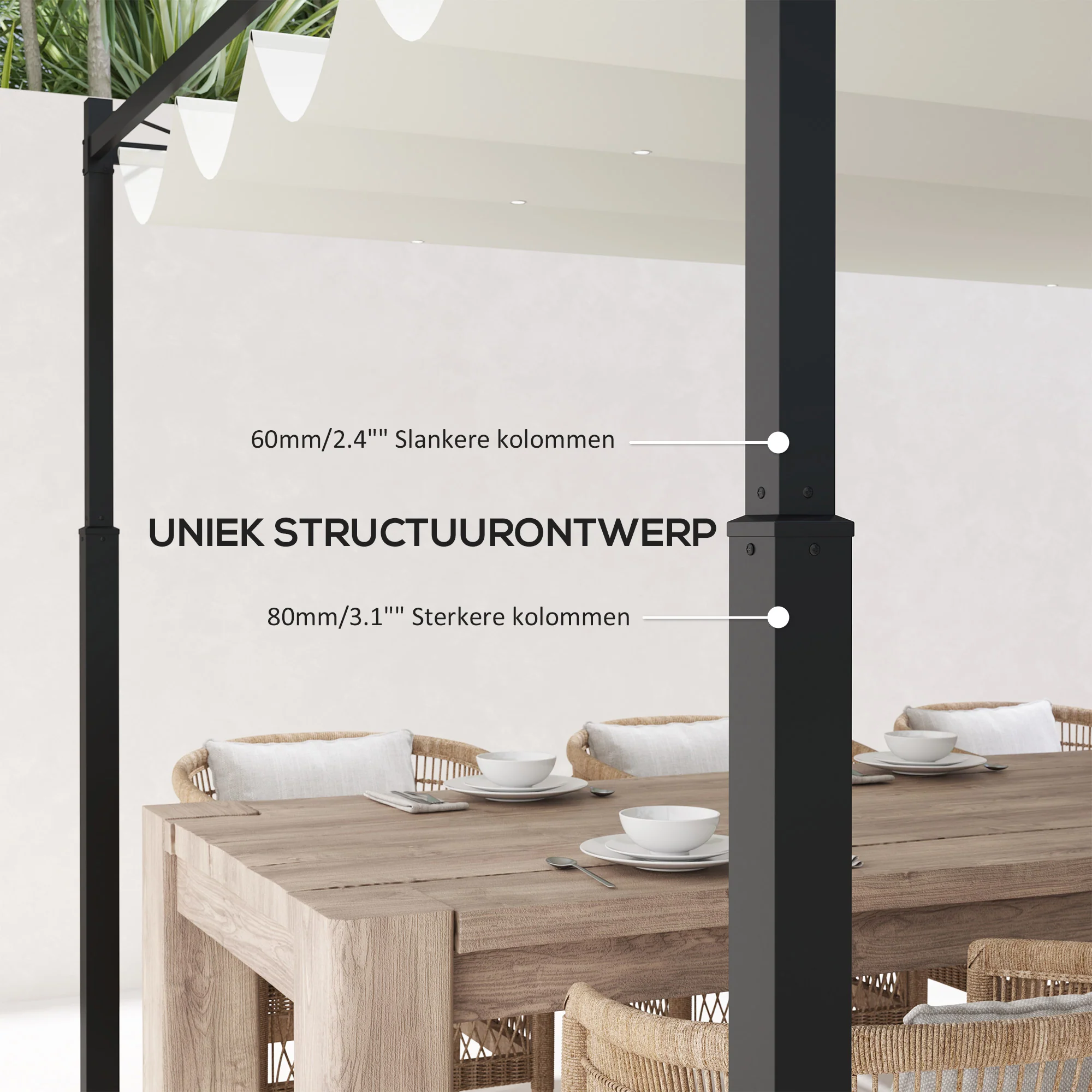 Outsunny Tuin Pergola, 3 x 3 m, Uitschuifbaar Dak en Magneetpad, Buiten Luifel, Tuinpaviljoen, UPF30+, Metaal, Crèmewit