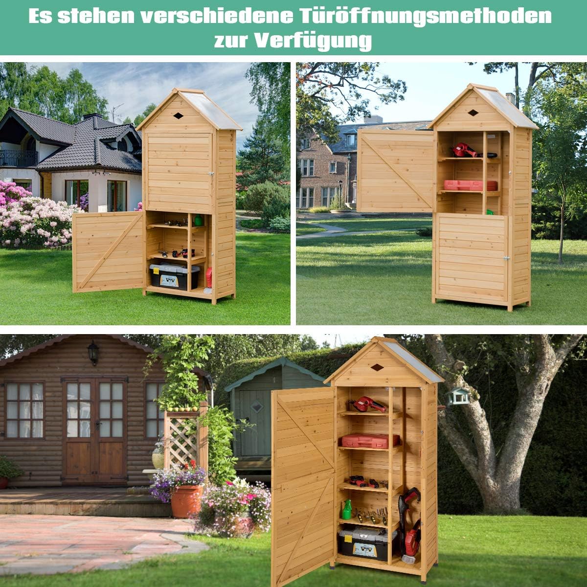 COSTWAY Gartenschrank Holz, Geräteschuppen mit 5 Regalböden und Satteldach, Outdoor Schrank Wetterfest, Geräteschrank Balkonschrank für den außenbereich Garten Balkon (80 x 45 x 177 cm)