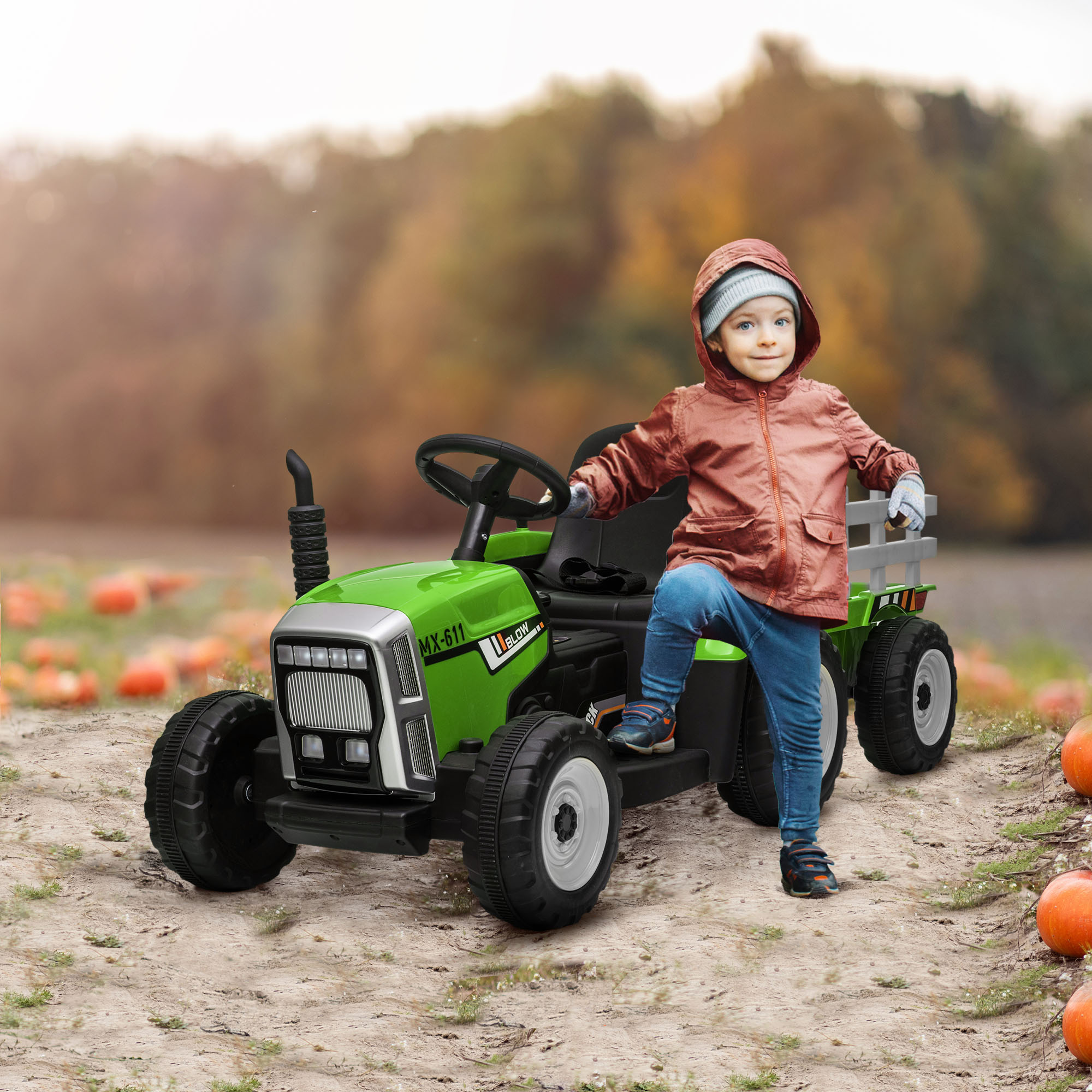 HOMCOM Elektrische kinderauto, kindertractor, inclusief ouderlijke afstandsbediening, maximale snelheid van 6 km/u, groen + zwart