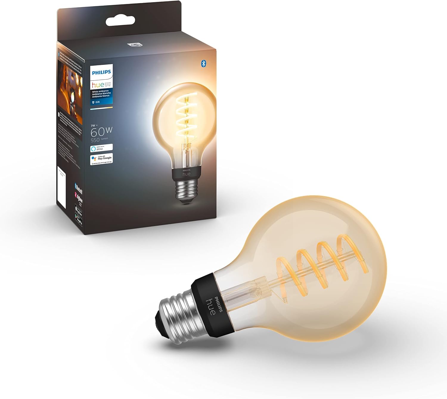 Philips Hue White Ambiance G40 LED Bulb 4-Pack, 550LM, E26, Smart Home Compatible with Alexa & Google Assistant