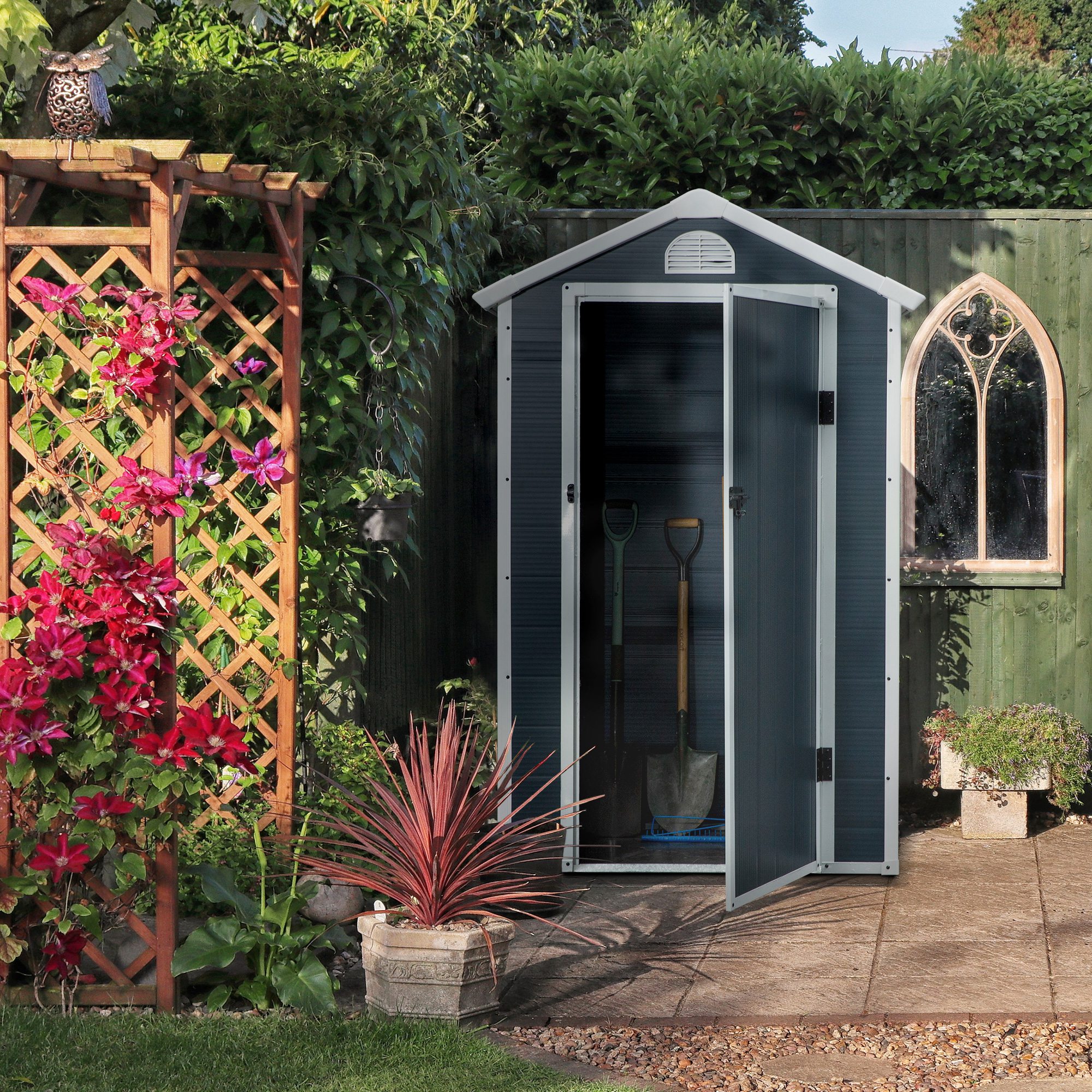 Outsunny Gereedschapsschuur tuinhuis met raam puntdak outdoor metaal grijs