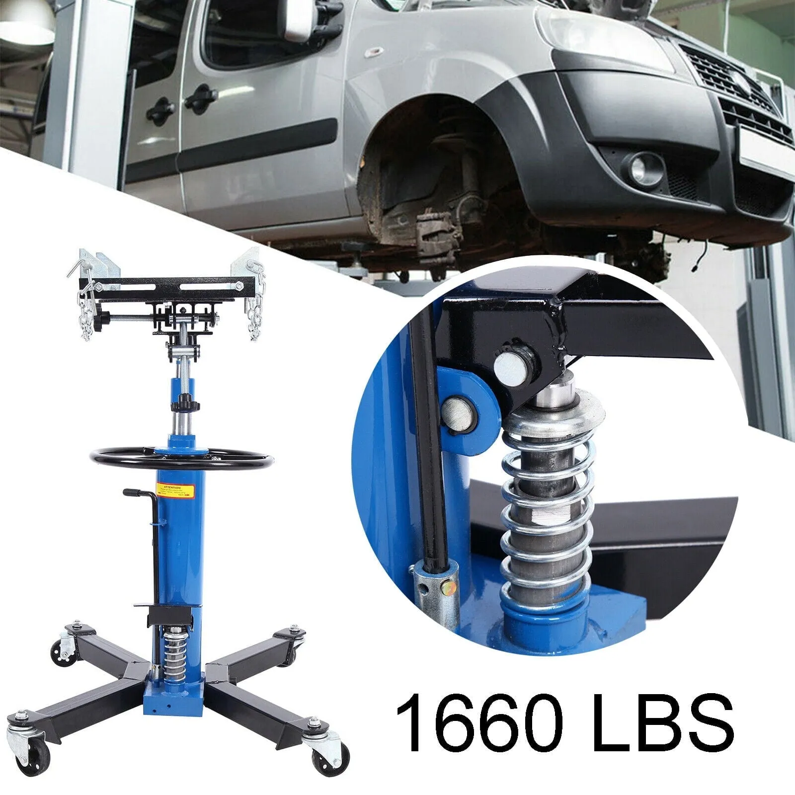 Gato hidráulico vertical para transmisión de vehículos, capacidad de 0,75 toneladas (1660 lb), altura de elevación de 84 a 178 cm, ruedas giratorias de 360° y pedal, color azul