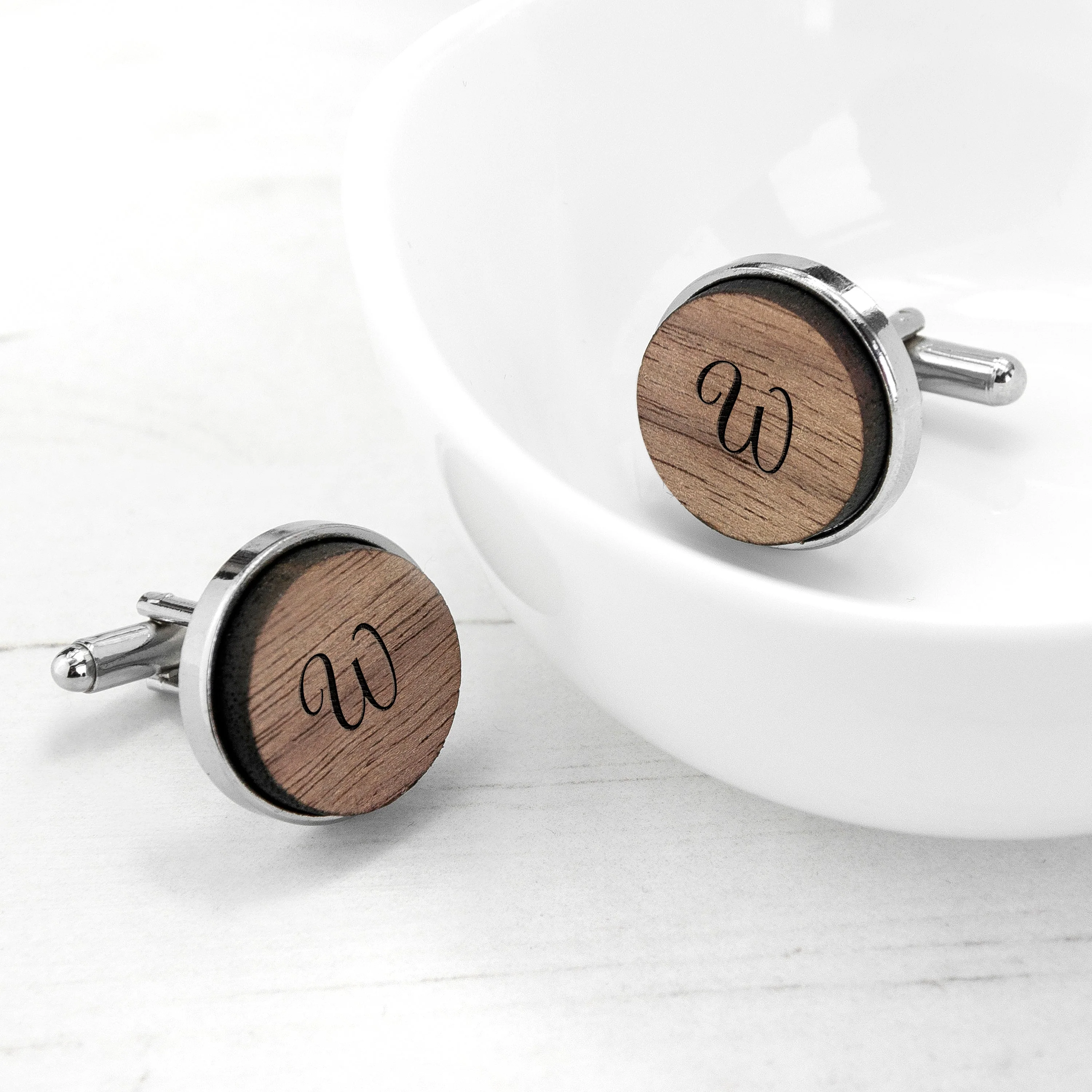 Monogrammed Engraved Round Walnut Cufflinks