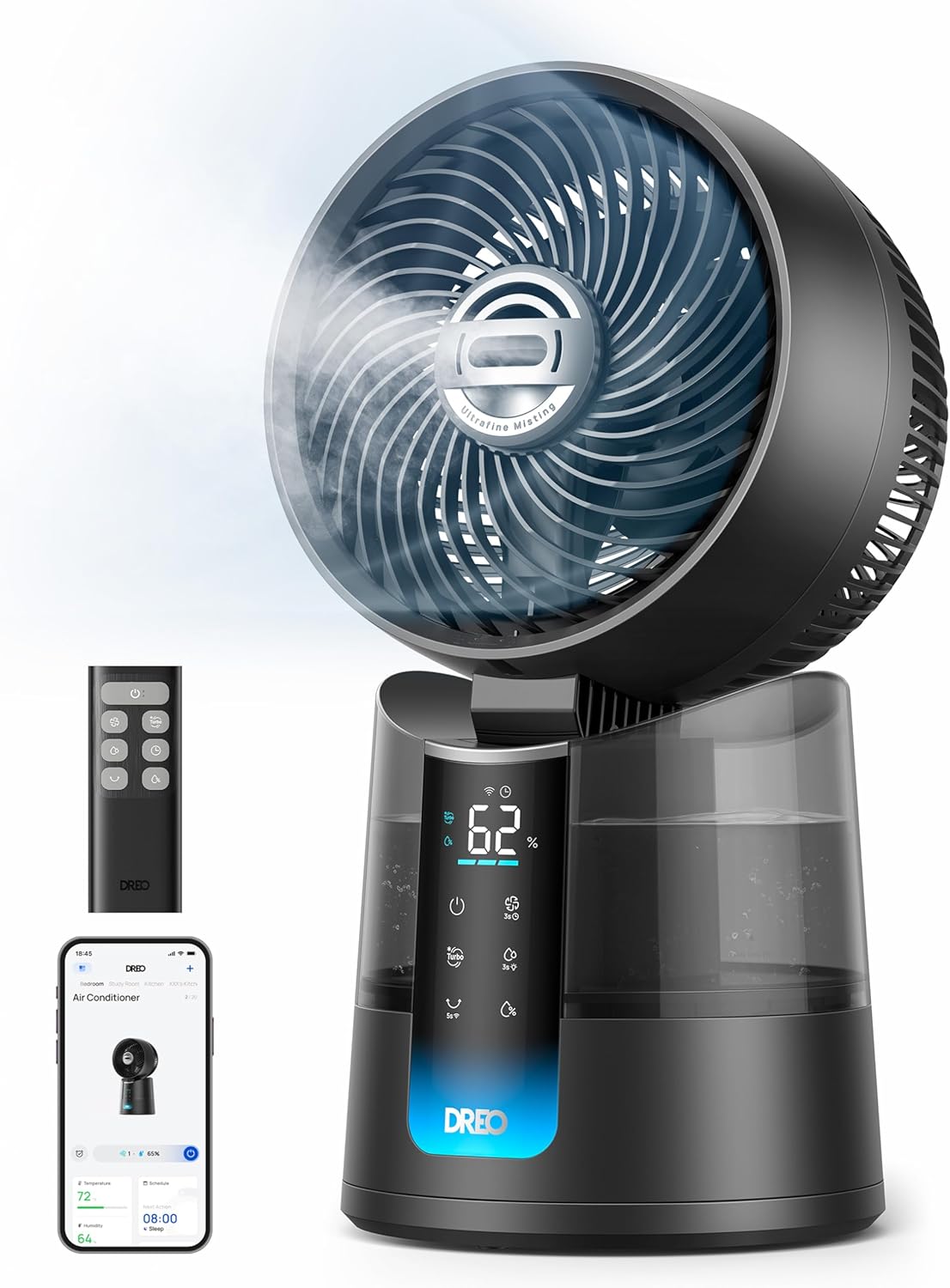 Dreo TurboCool Ventilador 516S, ventilador mesa oscilación 150° + 30°, enfriador evaporativo 7,9 m/s, niebla ultrafina, silencioso 20 dB, 6 velocidades, 2 modos, control app + mando.